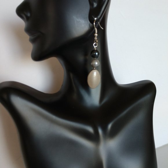 Handmade Black Beige Oblong Earrings with Grey Faux Pearls & Silver Tone Hooks - Picture 8 of 16